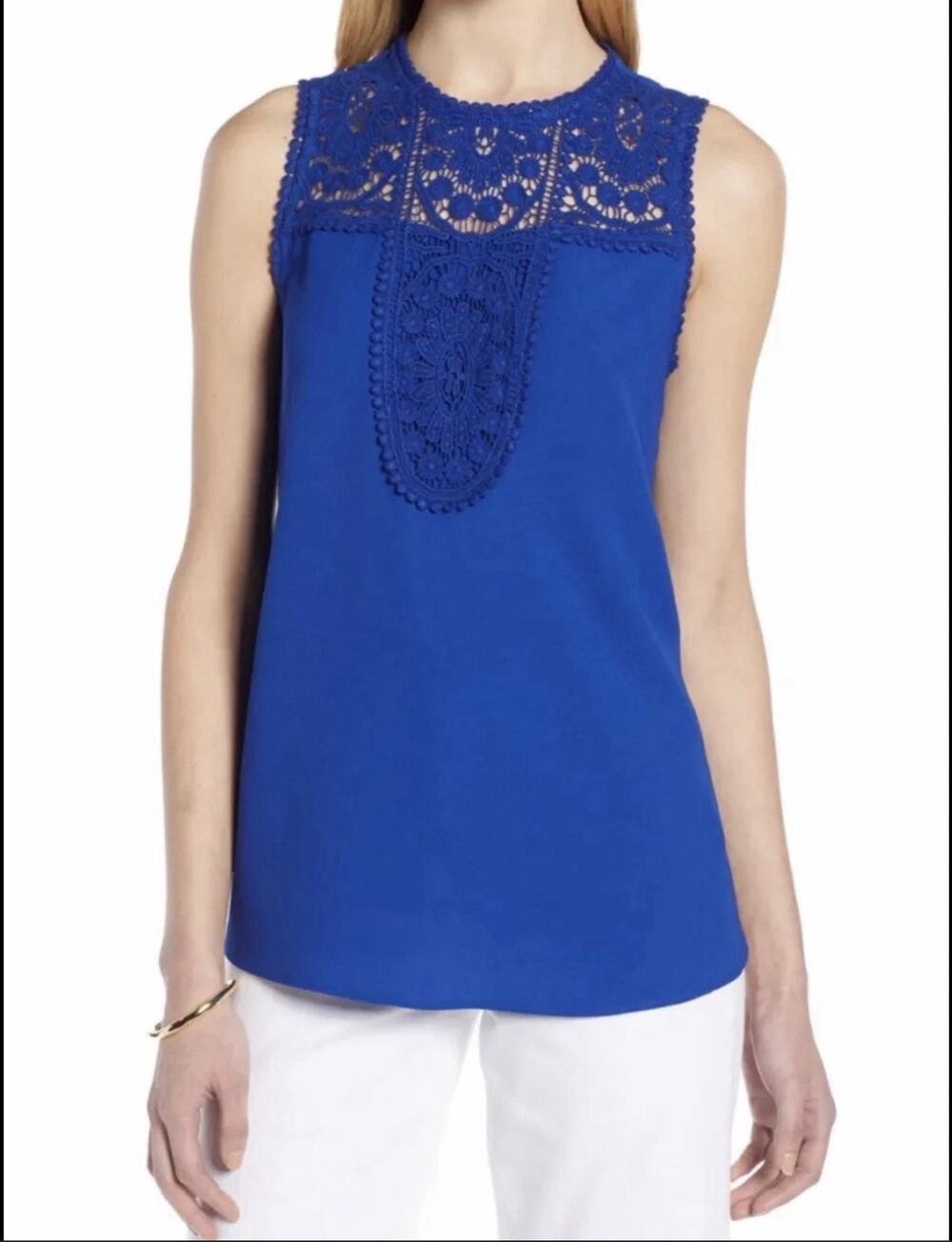 Halogen Blouse Top Luxury Minimalist Evening Office Blue Crochet Lace Boho Sz L